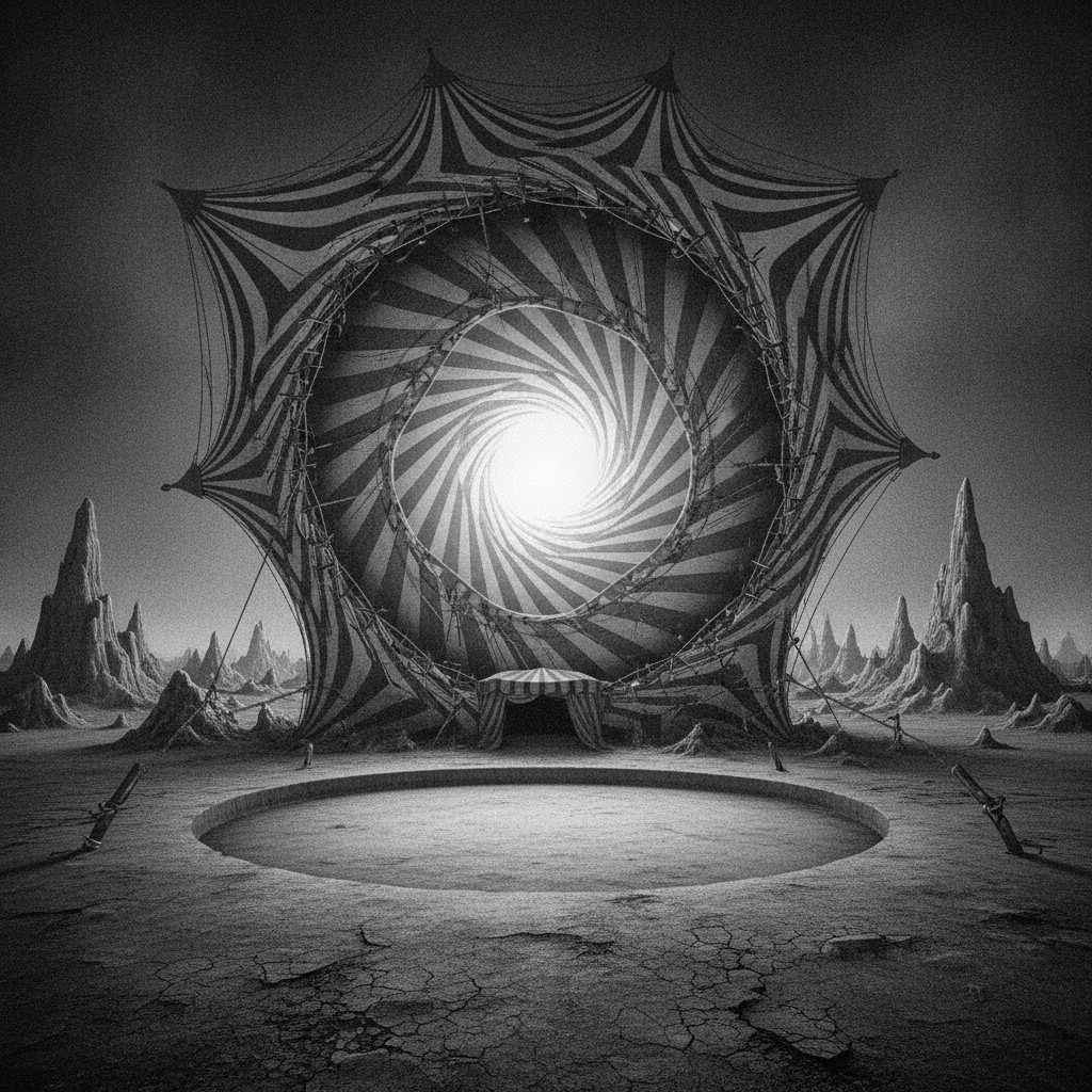a circus spiraling into a singularity