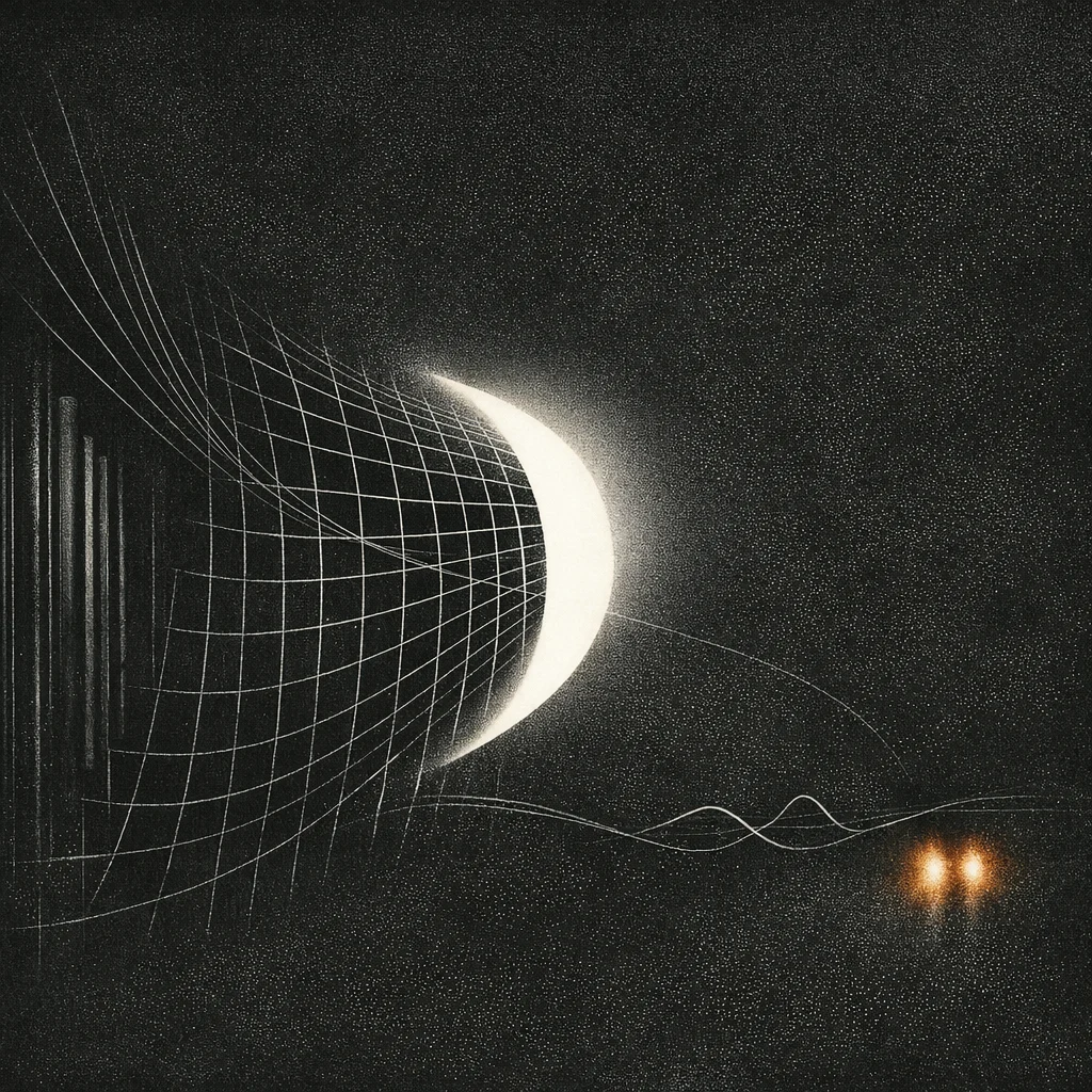 An ivory aperture bends a scientific grid toward two warm points of light